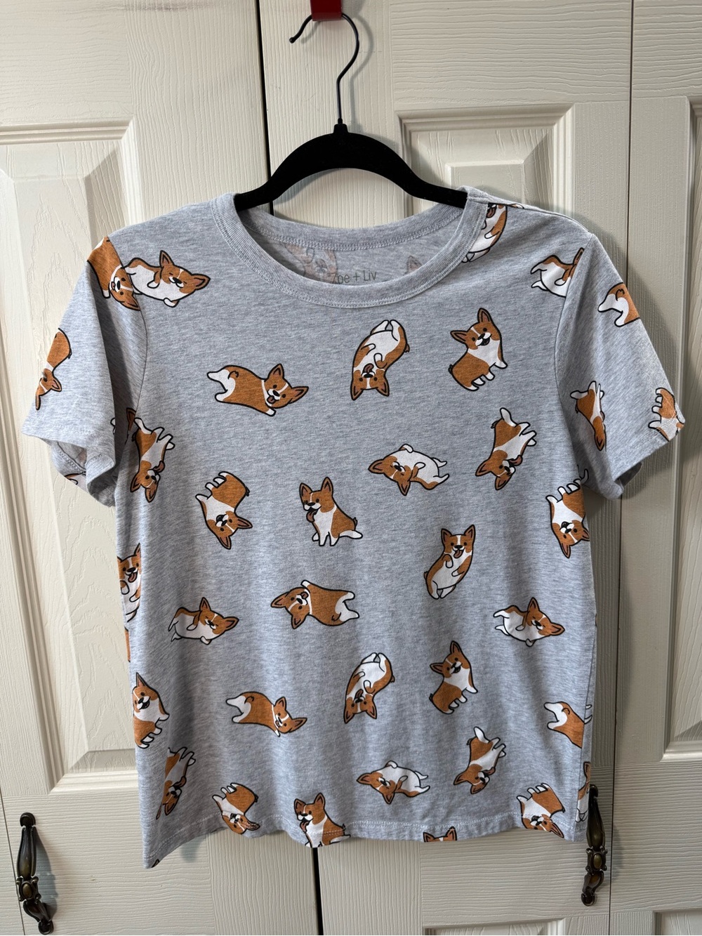 Zoe + Liv Corgi Dog Print Graphic Tee Gray Short Sleeve Womens Size Small